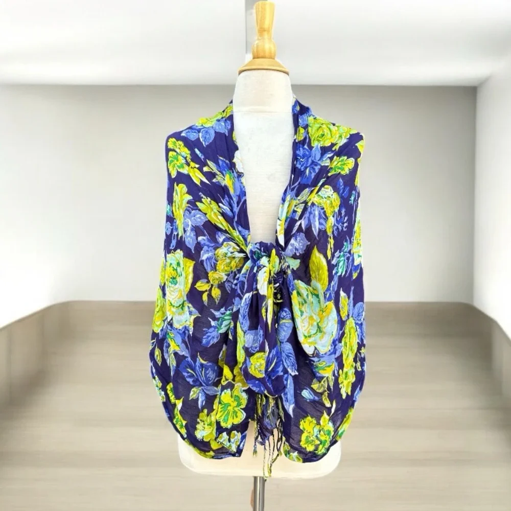 Isaac Mizrahi Blue Yellow Floral Scarf Fringe Wrap Shawl 70x26 OS